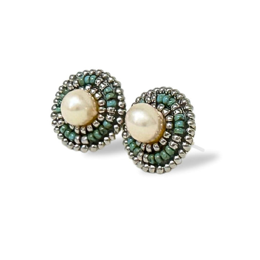 Turquoise Blue Classic Freshwater Pearl Stud Earrings - Palladium